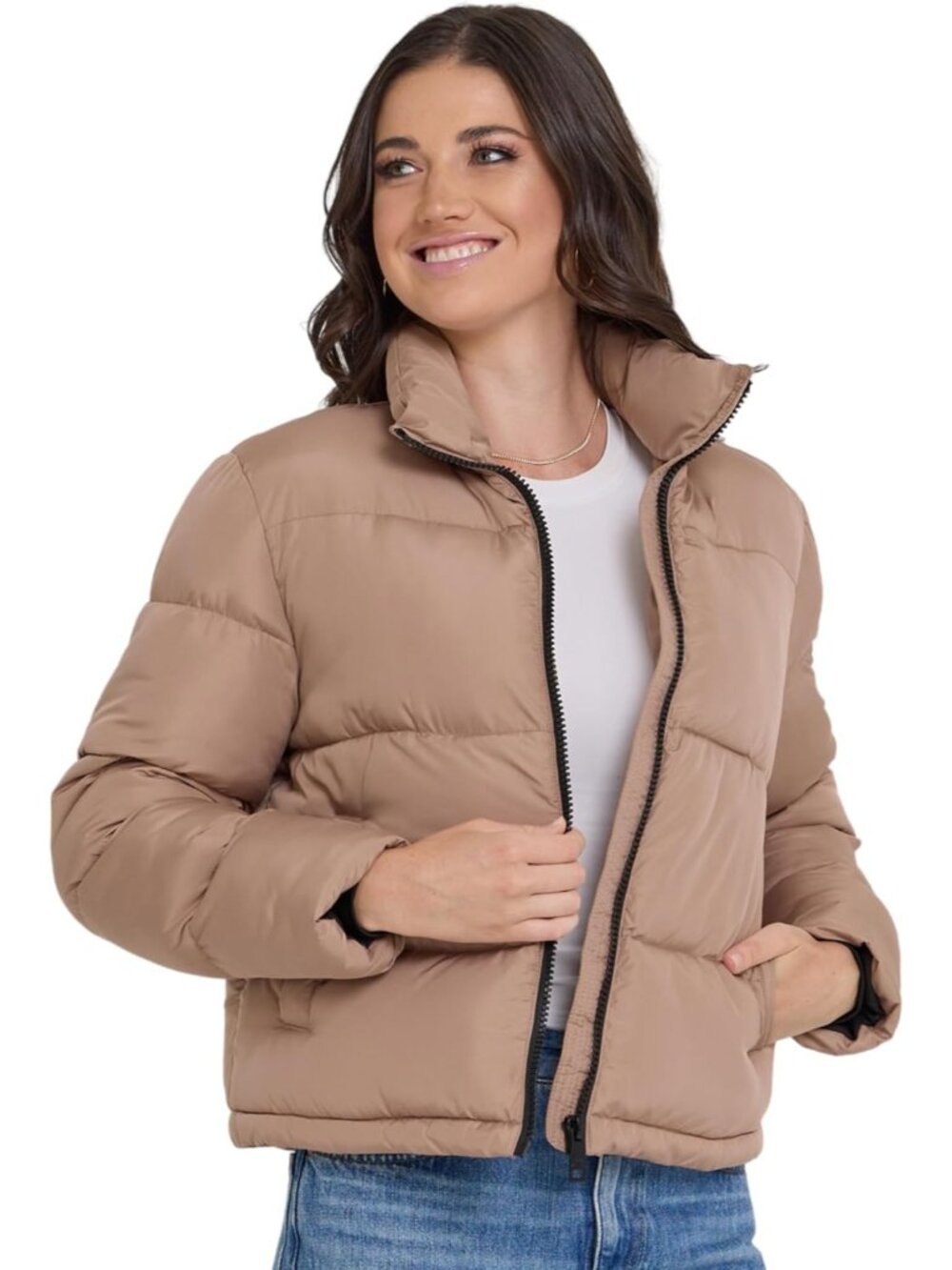 Steve Madden Women's Sand Trendy Winter Warm Long Sleeve Cropped Puffer Jackets